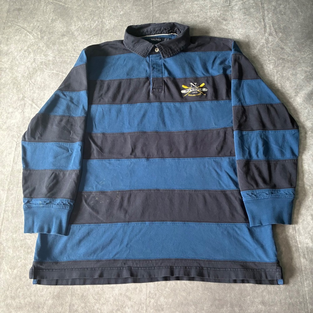 Vintage Nautica XL Long Sleeve Rugby Polo Shirt Blue Navy Striped Cotton